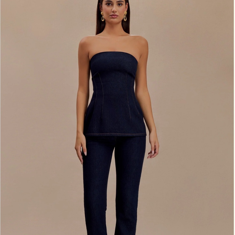 Meshki Navy Strapless Jumpsuit with Peplum Detail